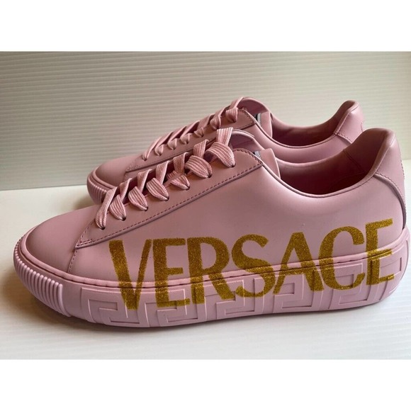 Authentic Versace Greca Glitter Logo Pale Pink Oro Sneaker Womens Size US 10 NIB - Picture 1 of 11